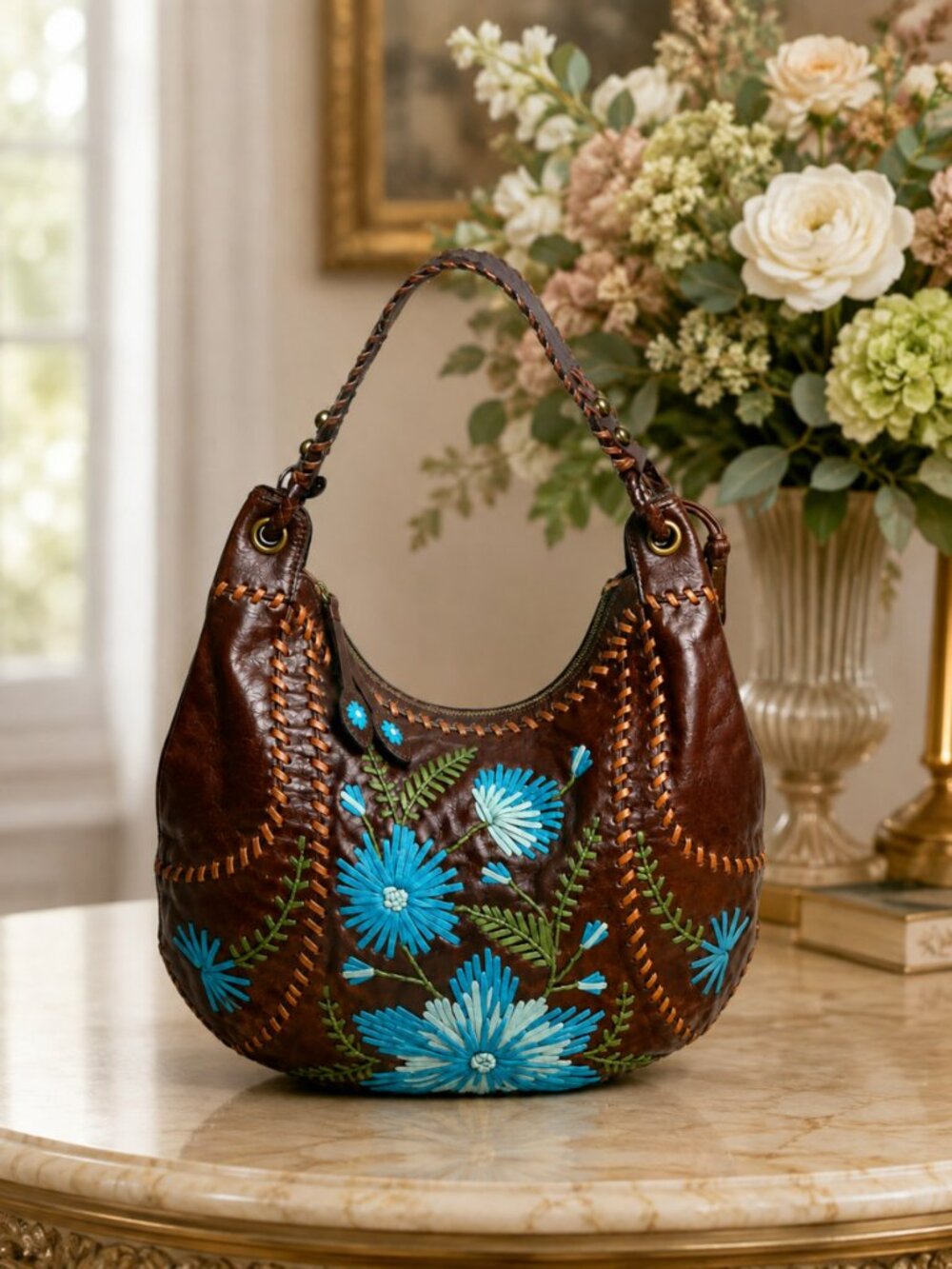 Isabella Fiore Vintage Y2K Floral Applique Whipstitch Leather Hobo Bag - Picture 3 of 11